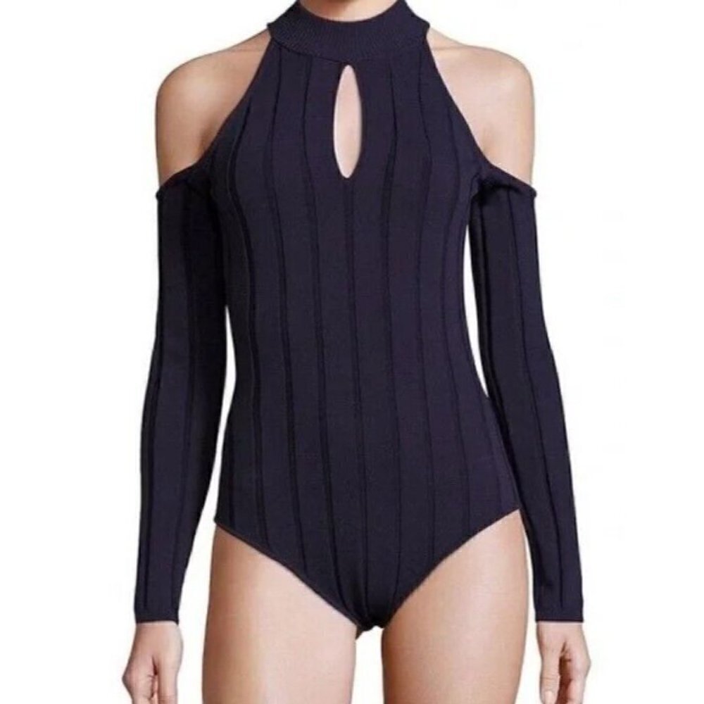 New Jonathan Simkhai Ribbed Bodysuit Women S Black Cold Shoulder Cut Out